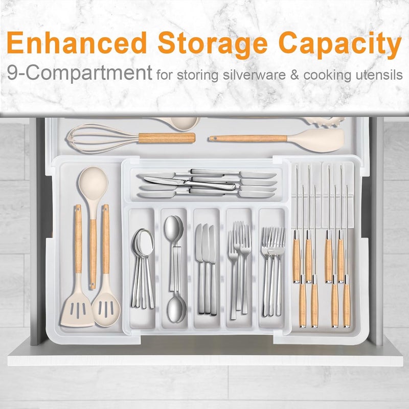 Homecor Silverware Organizer for Kitchen Drawer, Expandable Utensil Drawer Organizer with 2 Knife Block, Flatware and Cutlery Holder, Adjustable Plastic Storage for Spoons Forks Knives - Image 4